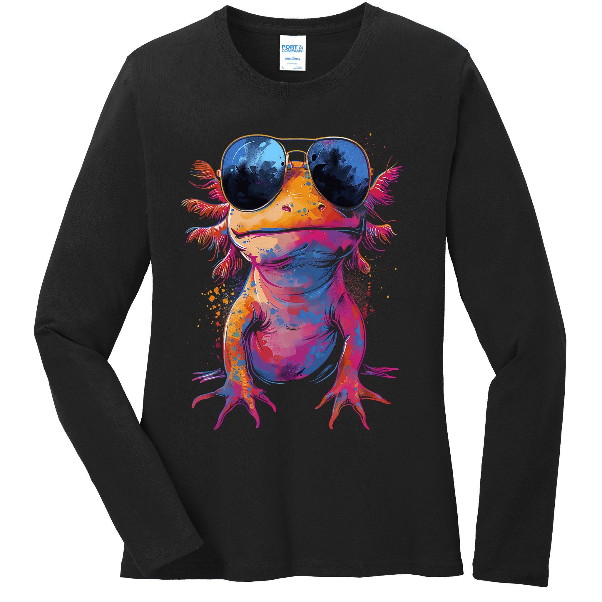 Vintage Colorful Axolotl Art With Sunglass - Cute Axolotl  Ladies Long Sleeve Shirt