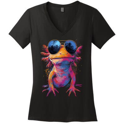 Vintage Colorful Axolotl Art With Sunglass - Cute Axolotl  Women's V-Neck T-Shirt