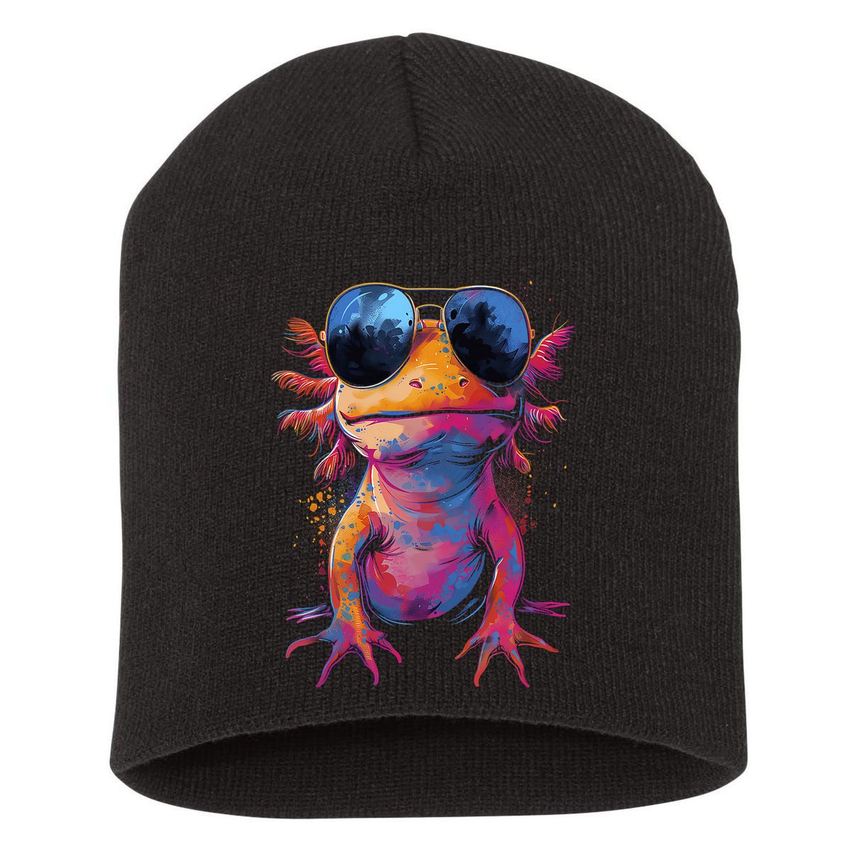 Vintage Colorful Axolotl Art With Sunglass - Cute Axolotl  Short Acrylic Beanie