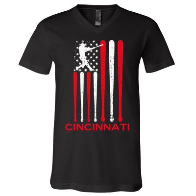 Vintage Cincinnati Baseball Soul American US Flag V-Neck T-Shirt