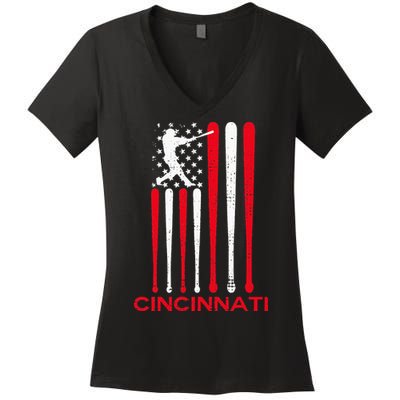 Vintage Cincinnati Baseball Soul American US Flag Women's V-Neck T-Shirt