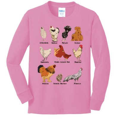 Vintage Chicken Breeds Farm Animals Day Support Local Farmer Kids Long Sleeve Shirt