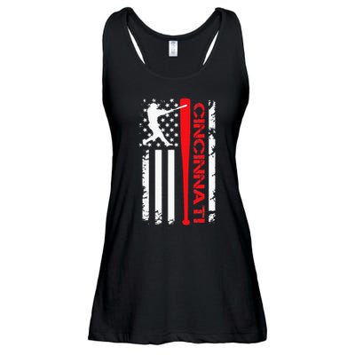 Vintage Cincinnati Baseball American US Flag Ladies Essential Flowy Tank