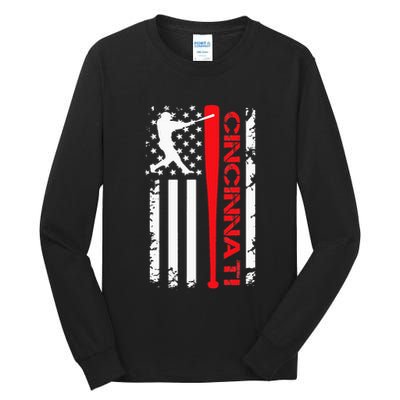 Vintage Cincinnati Baseball American US Flag Tall Long Sleeve T-Shirt