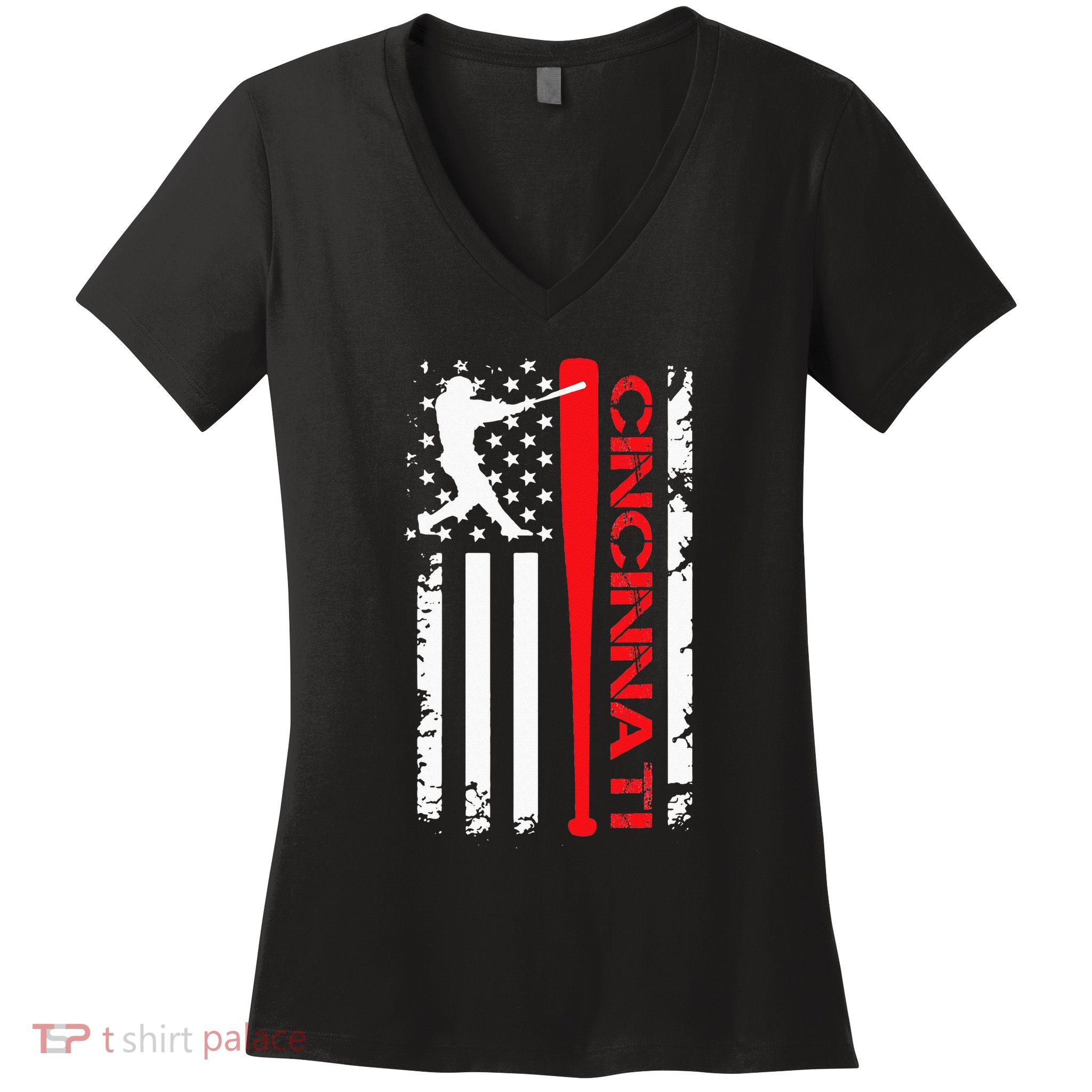 Vintage Cincinnati Baseball American US Flag Women's V-Neck T-Shirt