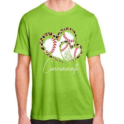 Vintage Cincinnati Baseball Leopard Heart Baseball Fans Adult ChromaSoft Performance T-Shirt