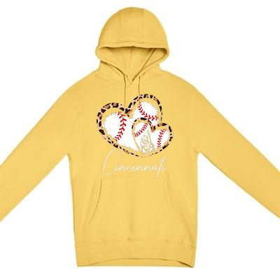 Vintage Cincinnati Baseball Leopard Heart Baseball Fans Premium Pullover Hoodie