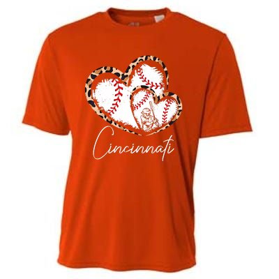 Vintage Cincinnati Baseball Leopard Heart Baseball Fans Cooling Performance Crew T-Shirt