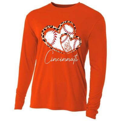 Vintage Cincinnati Baseball Leopard Heart Baseball Fans Cooling Performance Long Sleeve Crew