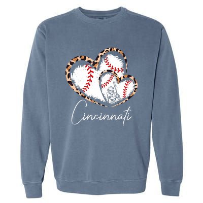 Vintage Cincinnati Baseball Leopard Heart Baseball Fans Garment-Dyed Sweatshirt