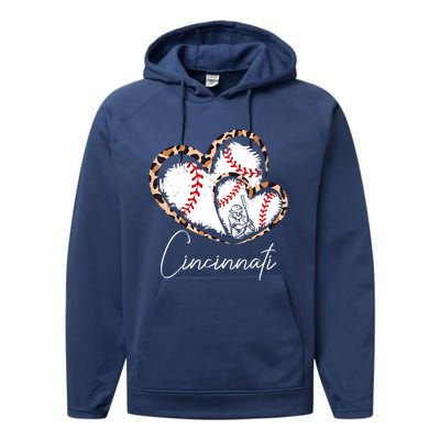 Vintage Cincinnati Baseball Leopard Heart Baseball Fans Performance Fleece Hoodie