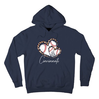 Vintage Cincinnati Baseball Leopard Heart Baseball Fans Hoodie