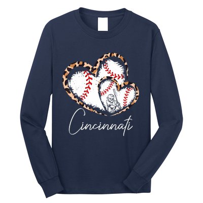 Vintage Cincinnati Baseball Leopard Heart Baseball Fans Long Sleeve Shirt