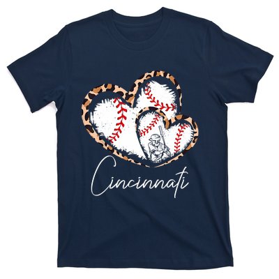 Vintage Cincinnati Baseball Leopard Heart Baseball Fans T-Shirt