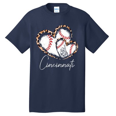 Vintage Cincinnati Baseball Leopard Heart Baseball Fans Tall T-Shirt