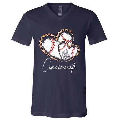 Vintage Cincinnati Baseball Leopard Heart Baseball Fans V-Neck T-Shirt