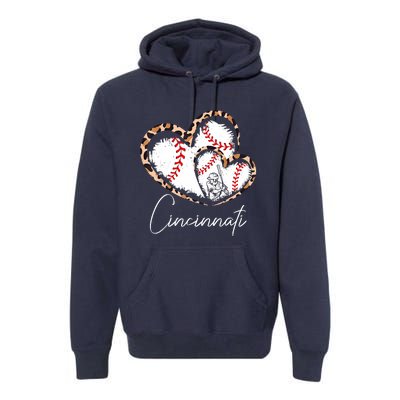 Vintage Cincinnati Baseball Leopard Heart Baseball Fans Premium Hoodie