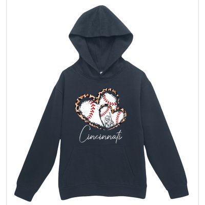 Vintage Cincinnati Baseball Leopard Heart Baseball Fans Urban Pullover Hoodie