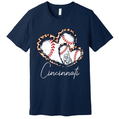 Vintage Cincinnati Baseball Leopard Heart Baseball Fans Premium T-Shirt