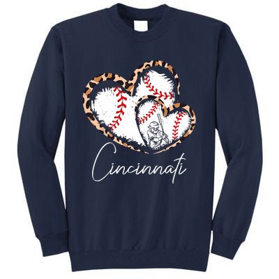 Vintage Cincinnati Baseball Leopard Heart Baseball Fans Tall Sweatshirt