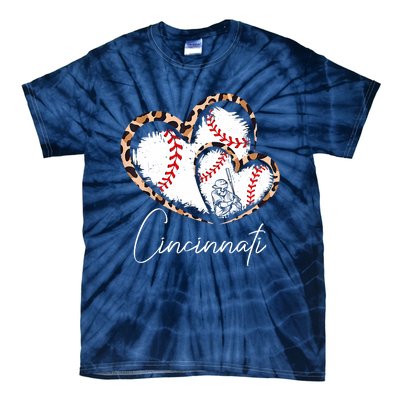 Vintage Cincinnati Baseball Leopard Heart Baseball Fans Tie-Dye T-Shirt