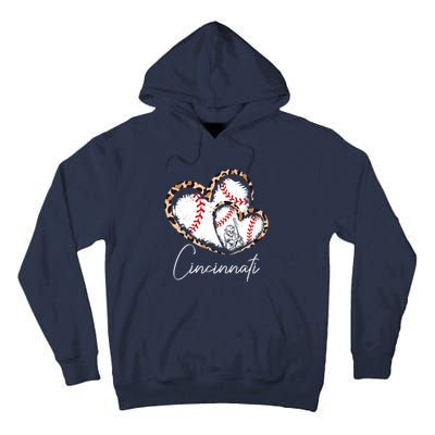 Vintage Cincinnati Baseball Leopard Heart Baseball Fans Tall Hoodie