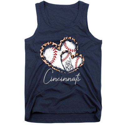 Vintage Cincinnati Baseball Leopard Heart Baseball Fans Tank Top