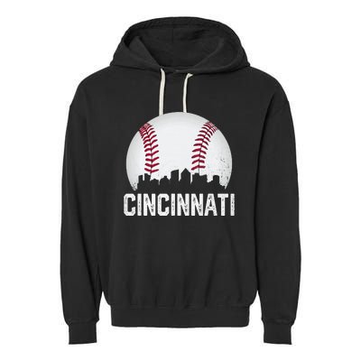 Vintage Cincinnati Baseball Ohio Skyline City Garment-Dyed Fleece Hoodie