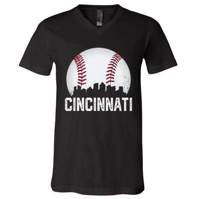 Vintage Cincinnati Baseball Ohio Skyline City V-Neck T-Shirt