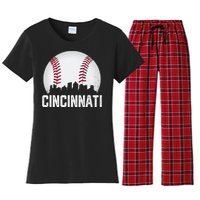 Vintage Cincinnati Baseball Ohio Skyline City Women's Flannel Pajama Set