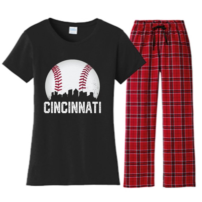 Vintage Cincinnati Baseball Ohio Skyline City Women's Flannel Pajama Set