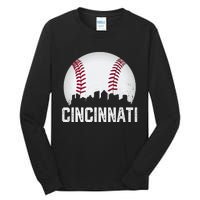 Vintage Cincinnati Baseball Ohio Skyline City Tall Long Sleeve T-Shirt