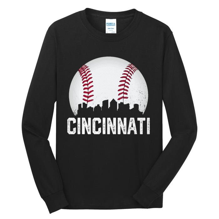 Vintage Cincinnati Baseball Ohio Skyline City Tall Long Sleeve T-Shirt