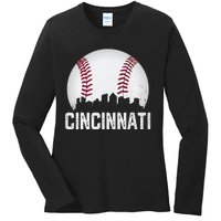 Vintage Cincinnati Baseball Ohio Skyline City Ladies Long Sleeve Shirt