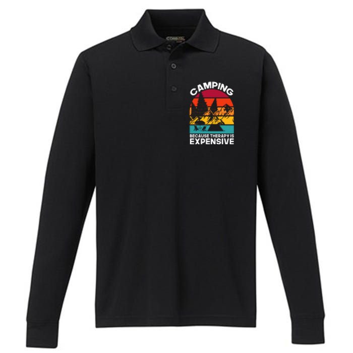 Vintage Camping Because Therapy Is Expensive Gift Performance Long Sleeve Polo