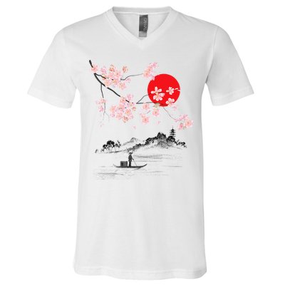 Vintage Cherry Blossom Sakura Japanese Art Sakura V-Neck T-Shirt