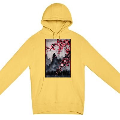 Vintage Cherry Blossom Woodblock Tee Japanese Graphical Art Premium Pullover Hoodie