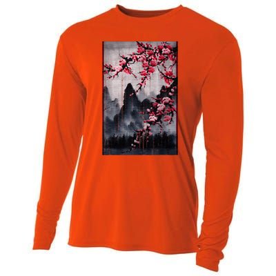 Vintage Cherry Blossom Woodblock Tee Japanese Graphical Art Cooling Performance Long Sleeve Crew