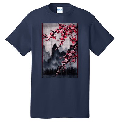 Vintage Cherry Blossom Woodblock Tee Japanese Graphical Art Tall T-Shirt