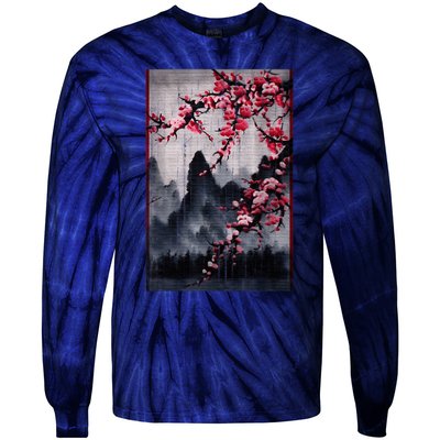 Vintage Cherry Blossom Woodblock Tee Japanese Graphical Art Tie-Dye Long Sleeve Shirt