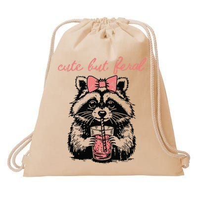Vintage Cute But Feral Funny Raccoon With Coffee Lovers Drawstring Bag
