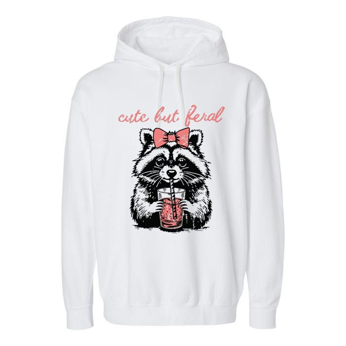 Vintage Cute But Feral Funny Raccoon With Coffee Lovers Garment-Dyed Fleece Hoodie