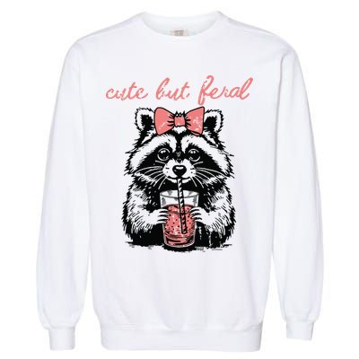 Vintage Cute But Feral Funny Raccoon With Coffee Lovers Garment-Dyed Sweatshirt