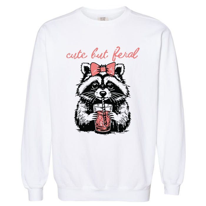 Vintage Cute But Feral Funny Raccoon With Coffee Lovers Garment-Dyed Sweatshirt