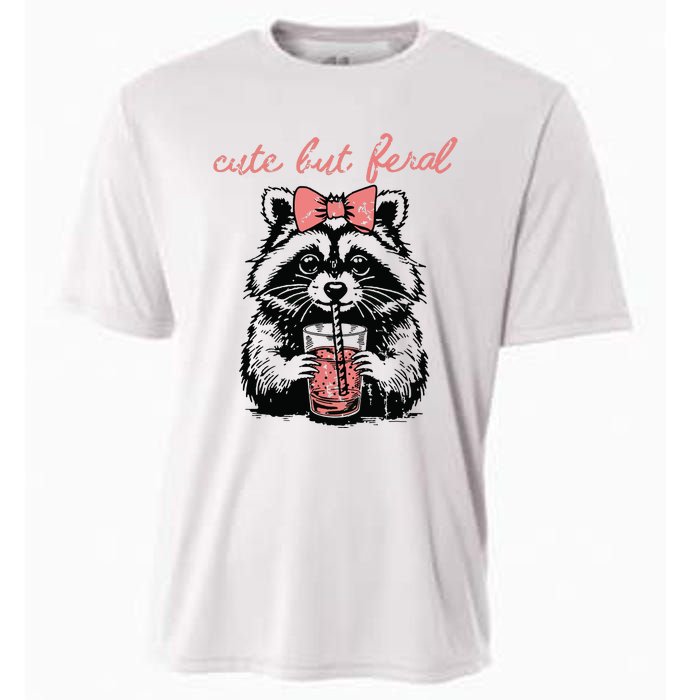 Vintage Cute But Feral Funny Raccoon With Coffee Lovers Cooling Performance Crew T-Shirt