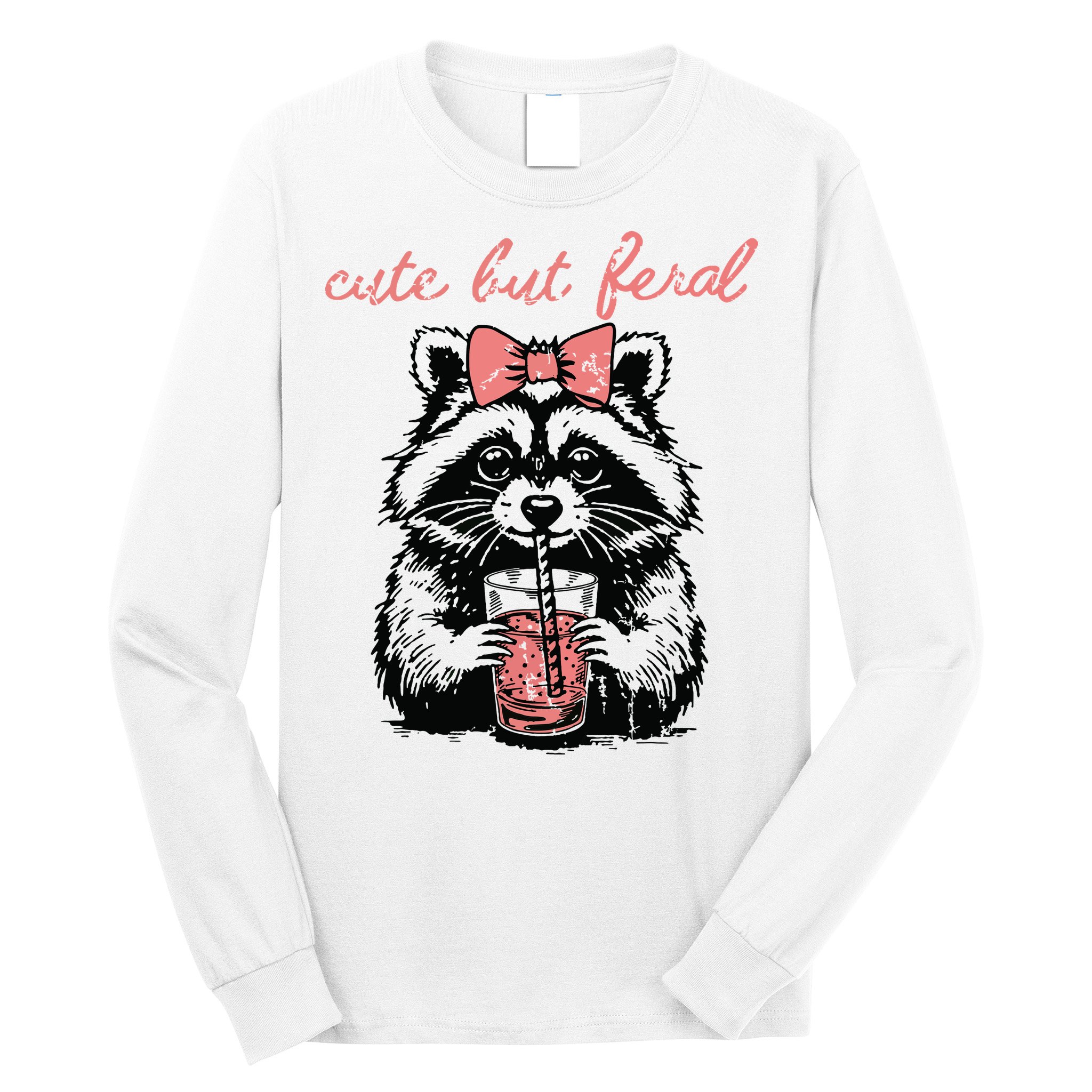 Vintage Cute But Feral Funny Raccoon With Coffee Lovers Long Sleeve Shirt