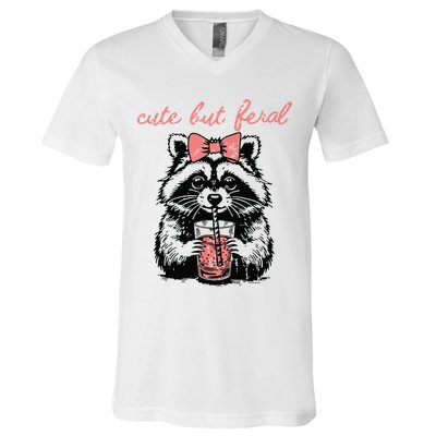 Vintage Cute But Feral Funny Raccoon With Coffee Lovers V-Neck T-Shirt