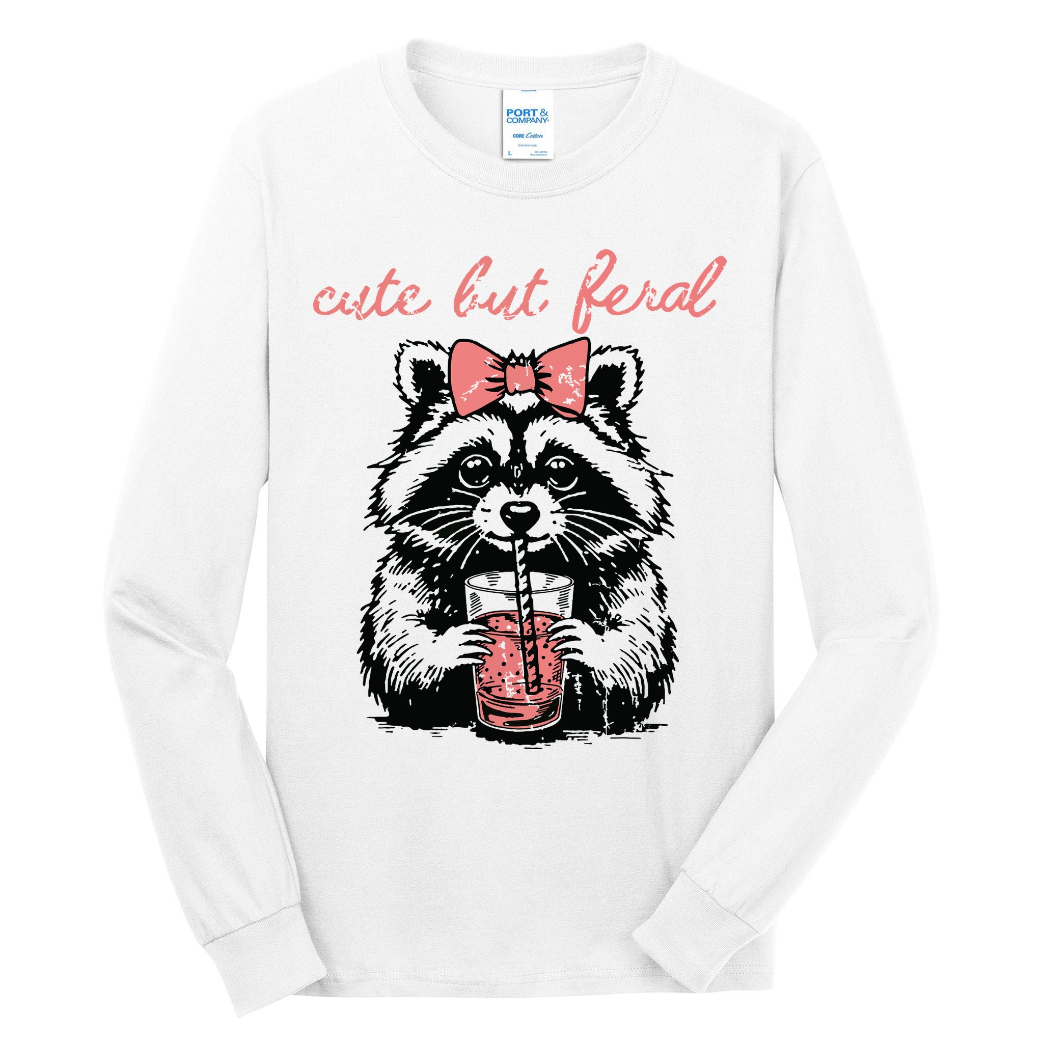 Vintage Cute But Feral Funny Raccoon With Coffee Lovers Tall Long Sleeve T-Shirt