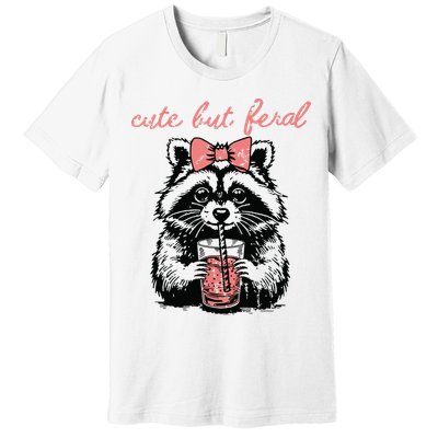 Vintage Cute But Feral Funny Raccoon With Coffee Lovers Premium T-Shirt