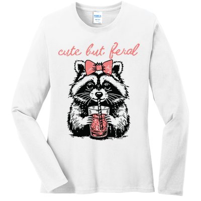 Vintage Cute But Feral Funny Raccoon With Coffee Lovers Ladies Long Sleeve Shirt